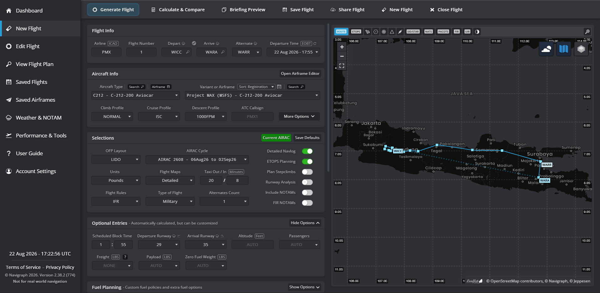 SimBrief aircraft profile selection